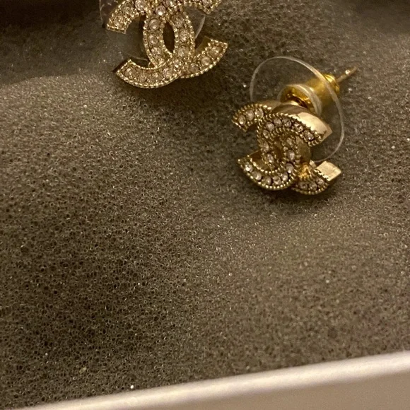 Chanel Gold Metal and Silver Crystal Mini Tiny Classic Stud Earrings - Picture 9 of 10